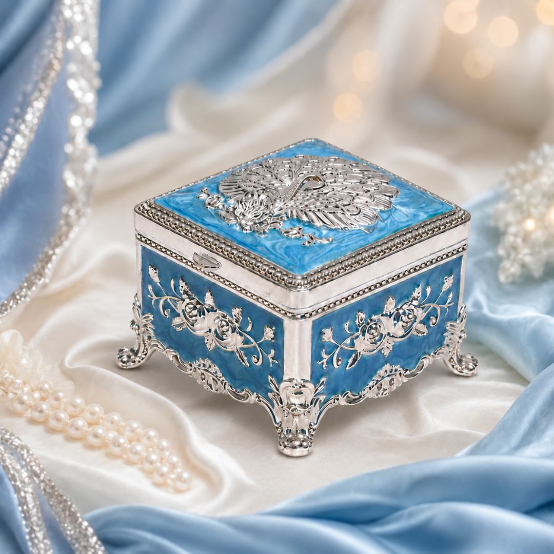 Premium Peacock Design German Silver Jewelry Box – Sky Blue (3 x 3 Inch)