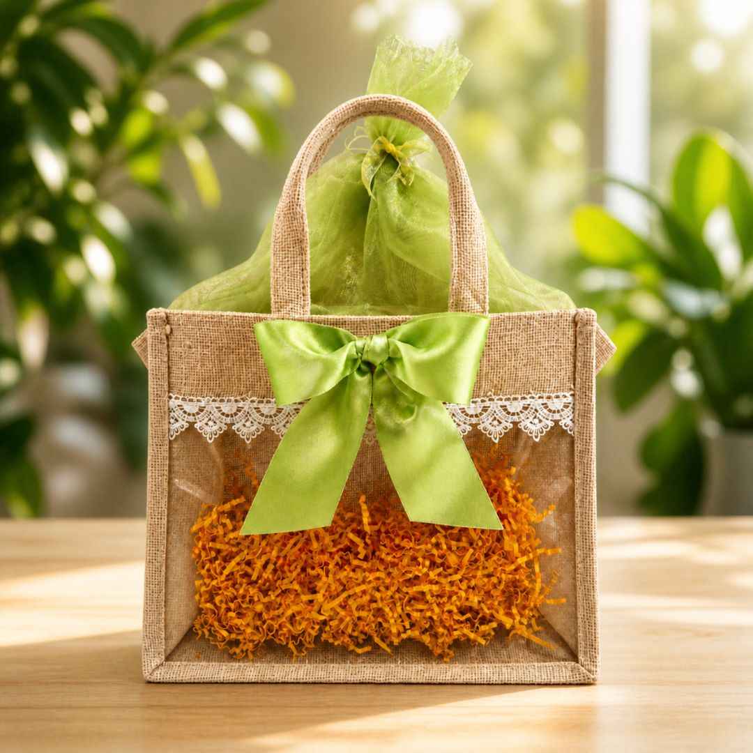 (Set of 5)Premium Jute Gift bags with Transparent Window & Green Bow – 12 x 15 Inches