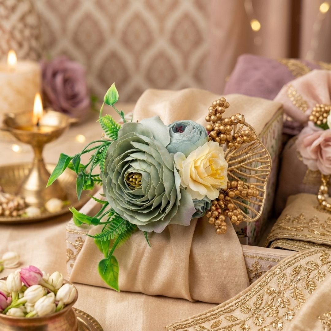 Set of 5 Sage Green & Gold Floral Decorative Accessories for Hamper & Trousseau Packing