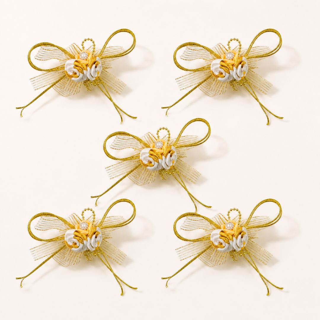 Set of 5 Golden & White Ribbon Floral Decorative Accessories for Hamper Packing
