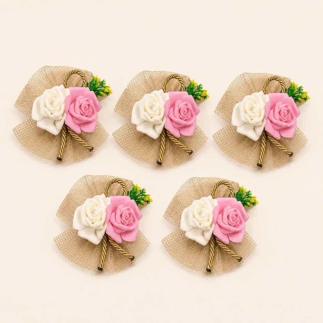 Pack of 5 Pink & White Rose Decorative Net Accessories for Hamper Packing
