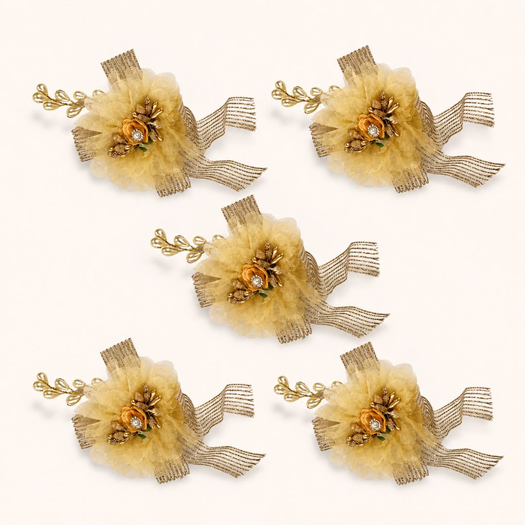 Set of 5 Golden Net Flower Decorative Accessories for Hamper & Trousseau Packing