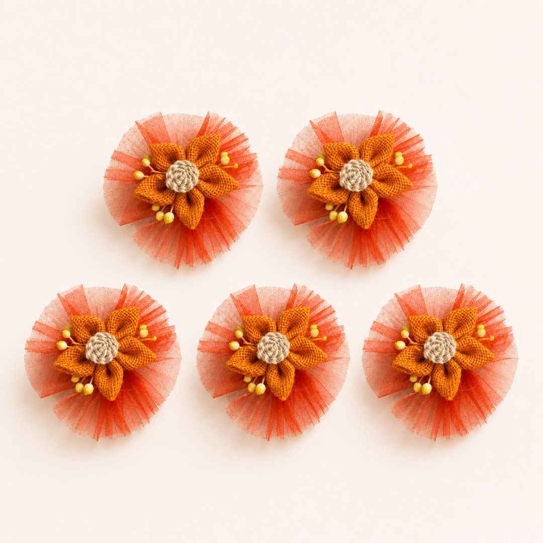 Set of 5 Orange Jute Flower Decorative Accessories with Net for Hamper & Trousseau Packing