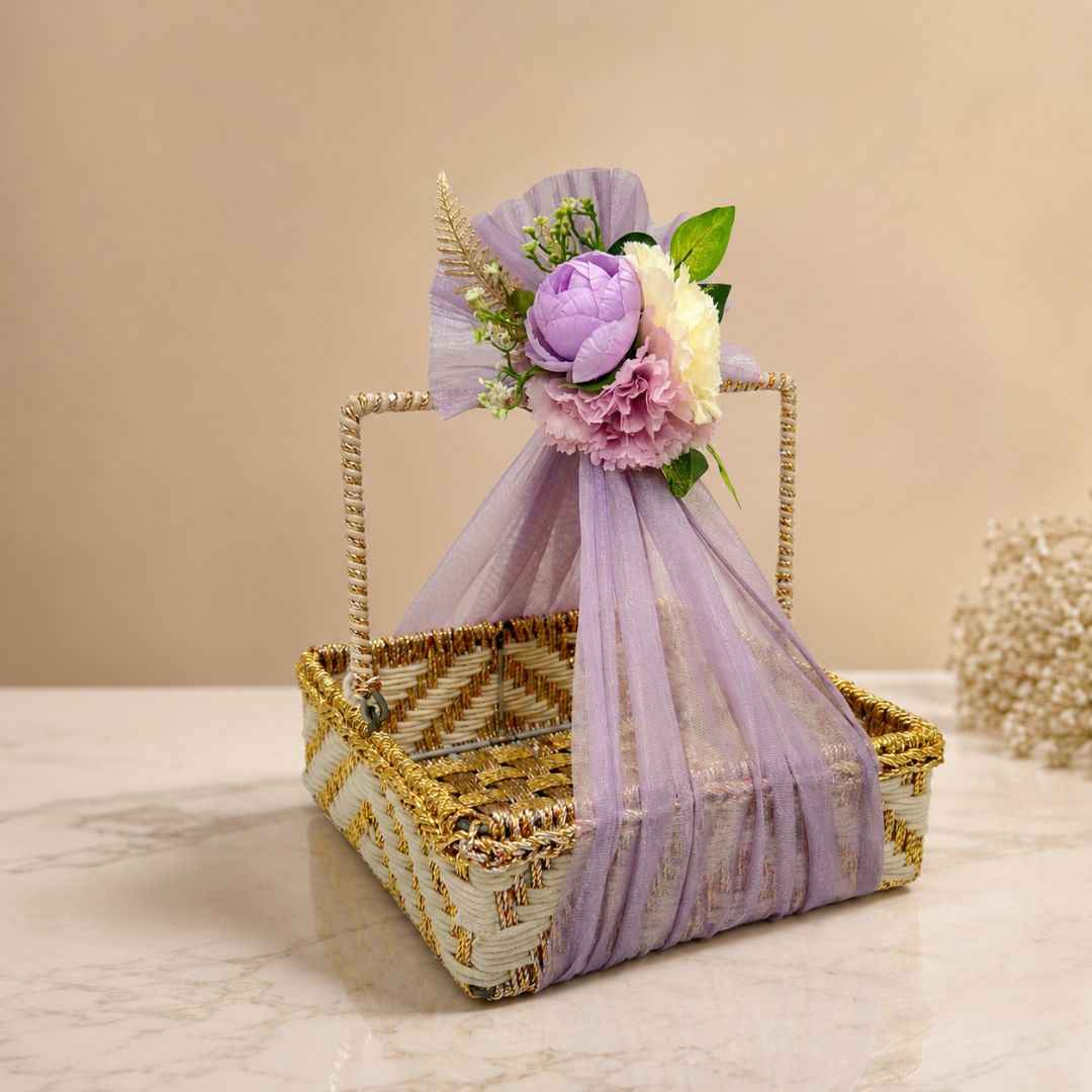 White & Gold Floral Basket (Set of 3) – (10x10 Inches)