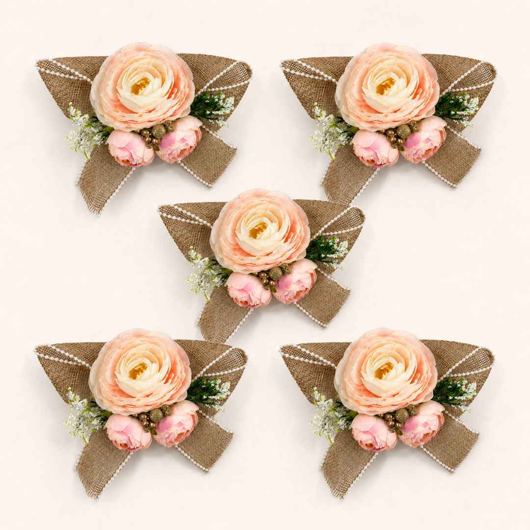 Set of 5 Peach Floral Decorative Accessories with Pearl Mesh Bow for Hamper Decoration