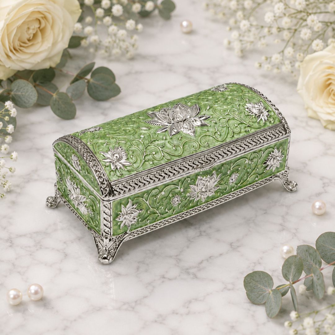 Luxury German Silver Floral Long Storage Box – Green Enamel Finish (7.5 x 3.5 Inch)