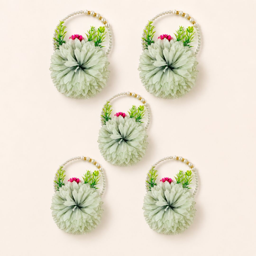 Set of 5 Mint Green Pearl Handle Floral Decorative Accessories for Hamper & Trousseau Packing