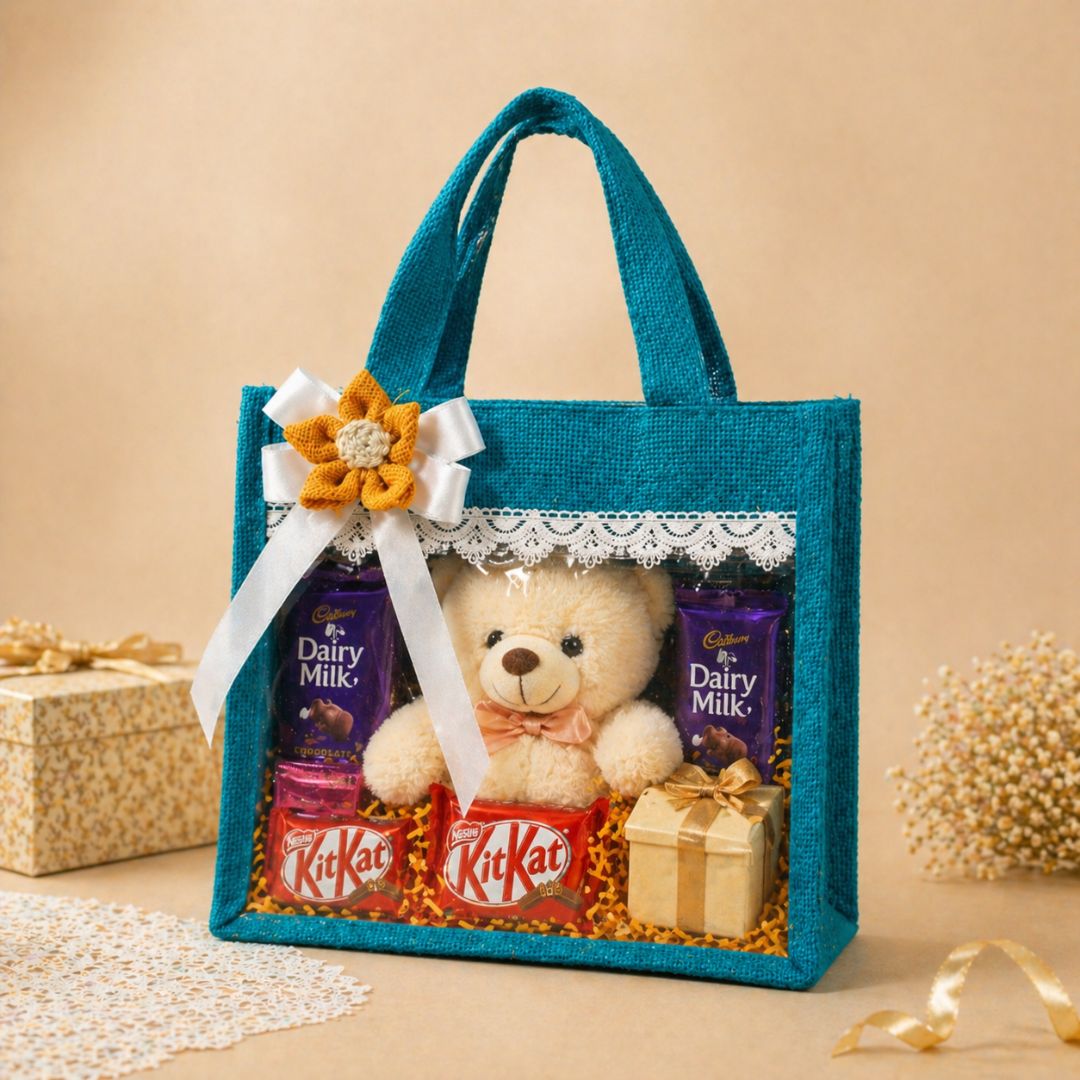 (Set of 5)Premium Teal Jute Gift Basket with Transparent Window & Lace Decor| 8 x 10 Inch Sizes)