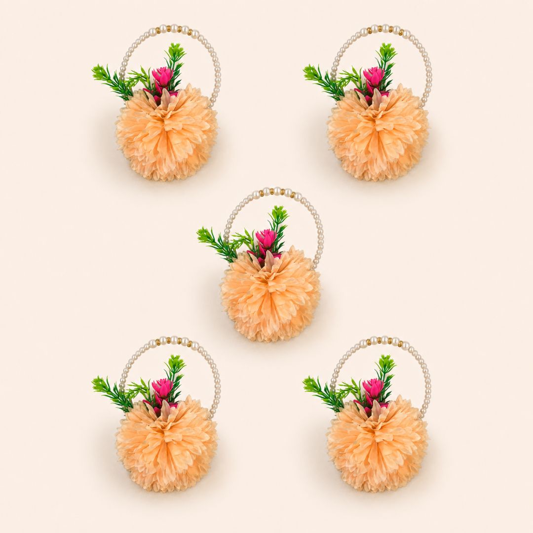 Set of 5 Peach Pearl Handle Floral Decorative Accessories for Hamper & Trousseau Packing