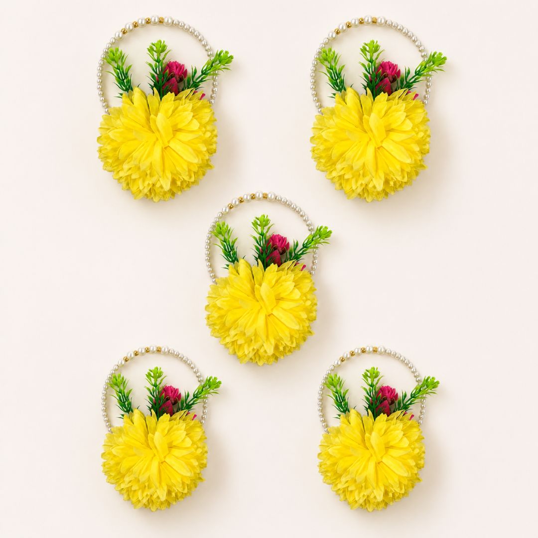 Set of 5 Yellow Pearl Handle Floral Decorative Accessories for Hamper & Trousseau Packing