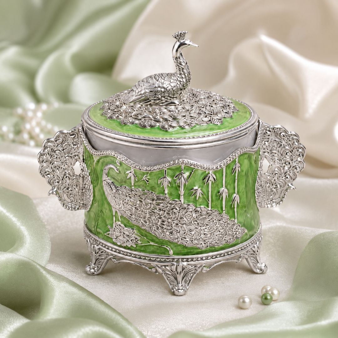 Luxury German Silver Peacock Dry Fruit Box with Handles – Green Enamel Finish (6 Inch) - Adscraft.in