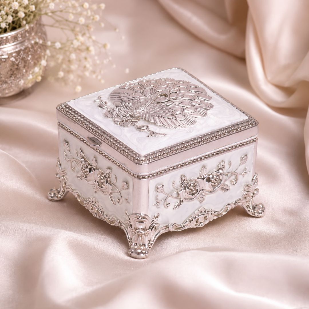 Royal White German Silver Peacock Jewellery Box (3 x 3 x 2 Inch)