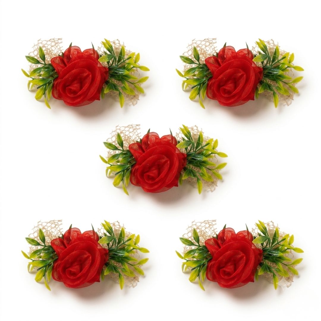 Set of 5 Red Net Flower Decorative Accessories for Hamper & Trousseau Packing