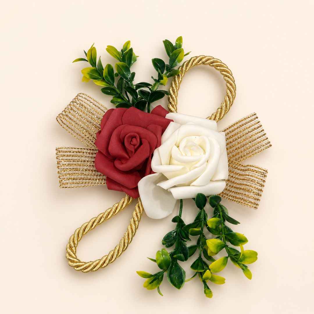 Pack of 5 Maroon & White Rose Golden Ribbon Decorative Accessories