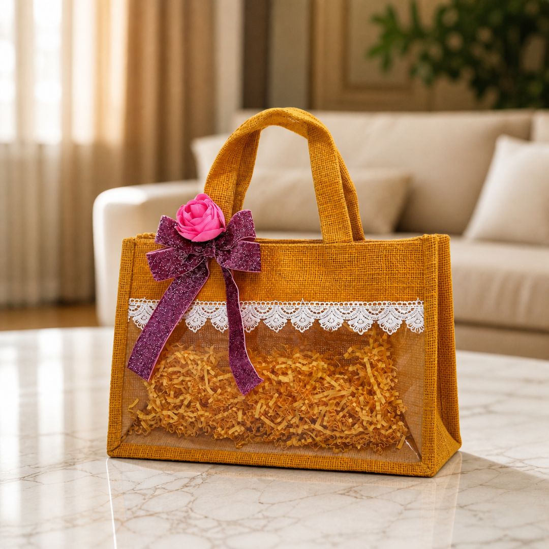 (Set of 5)Premium Jute Transparent Gift Bags with Lace & Floral Bow – 10 x 14 Inch Sizes