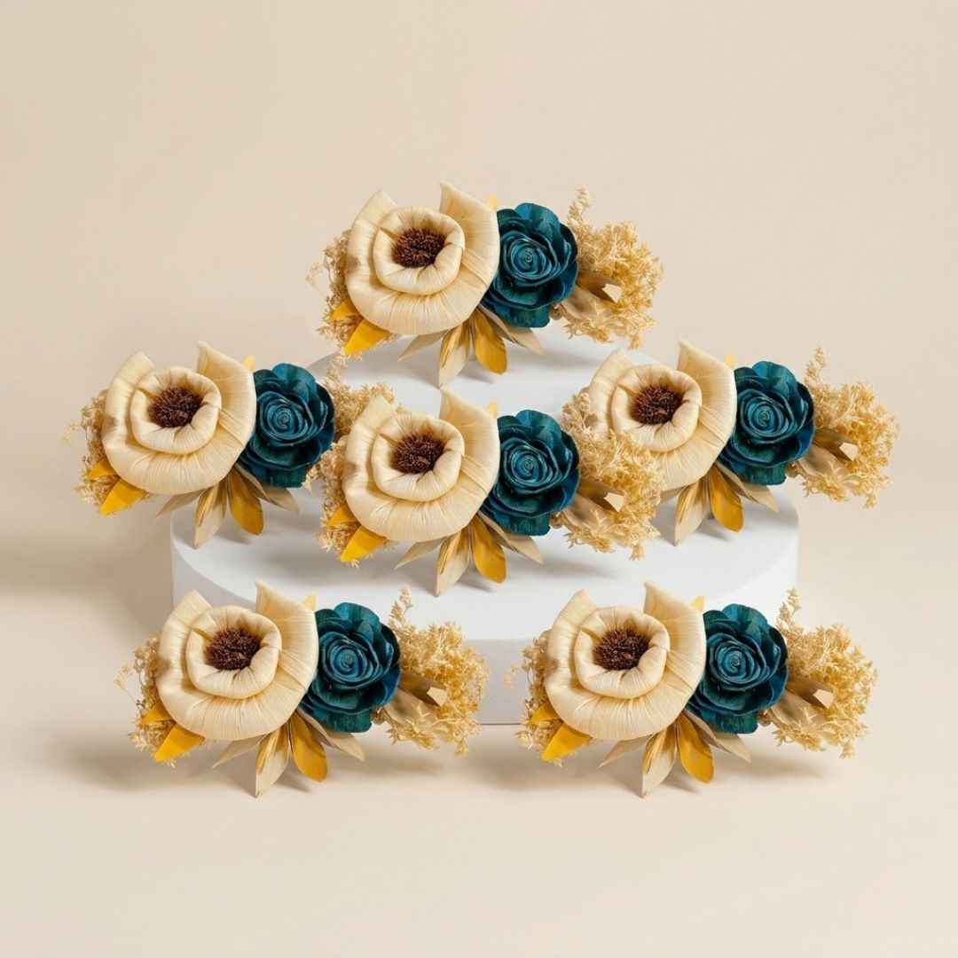 Set of 5 Cream & Teal Floral Decorative Accessories for Hamper & Trousseau Packing