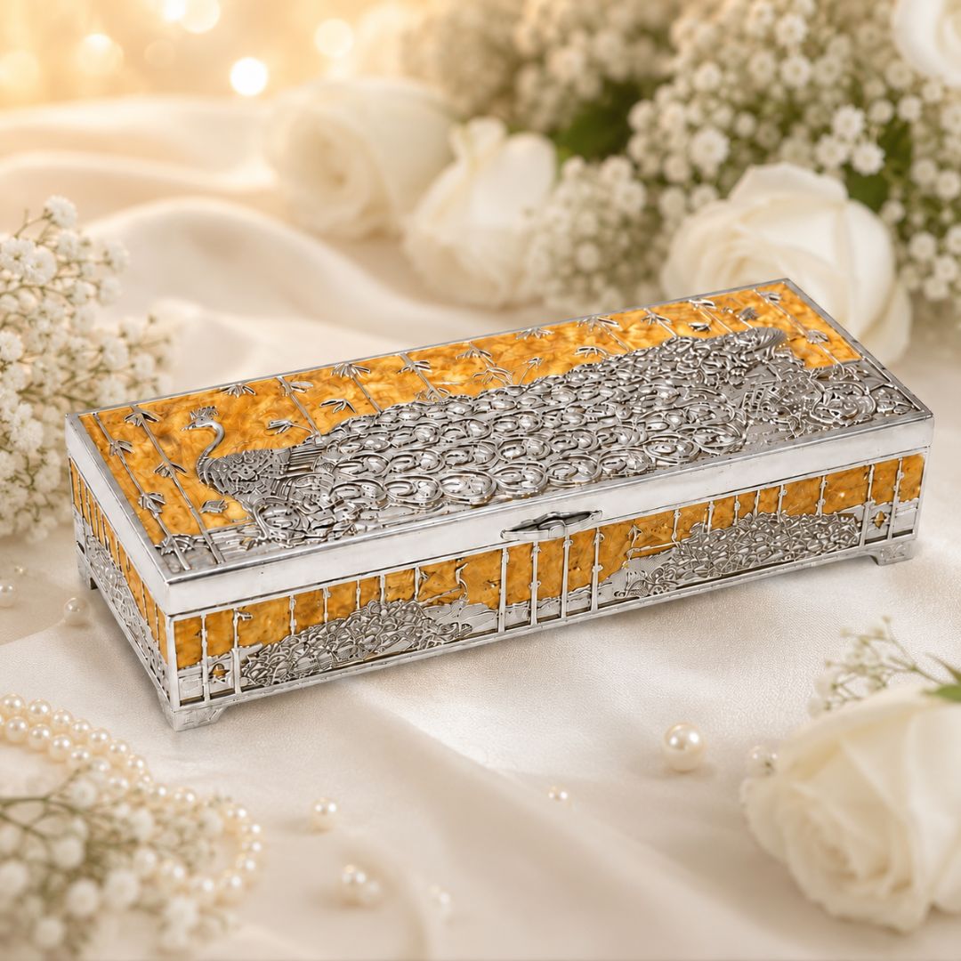 Premium German Silver Peacock Dry Fruit Box with Orange Enamel Finish (9 x 3.5 x 2 Inch)