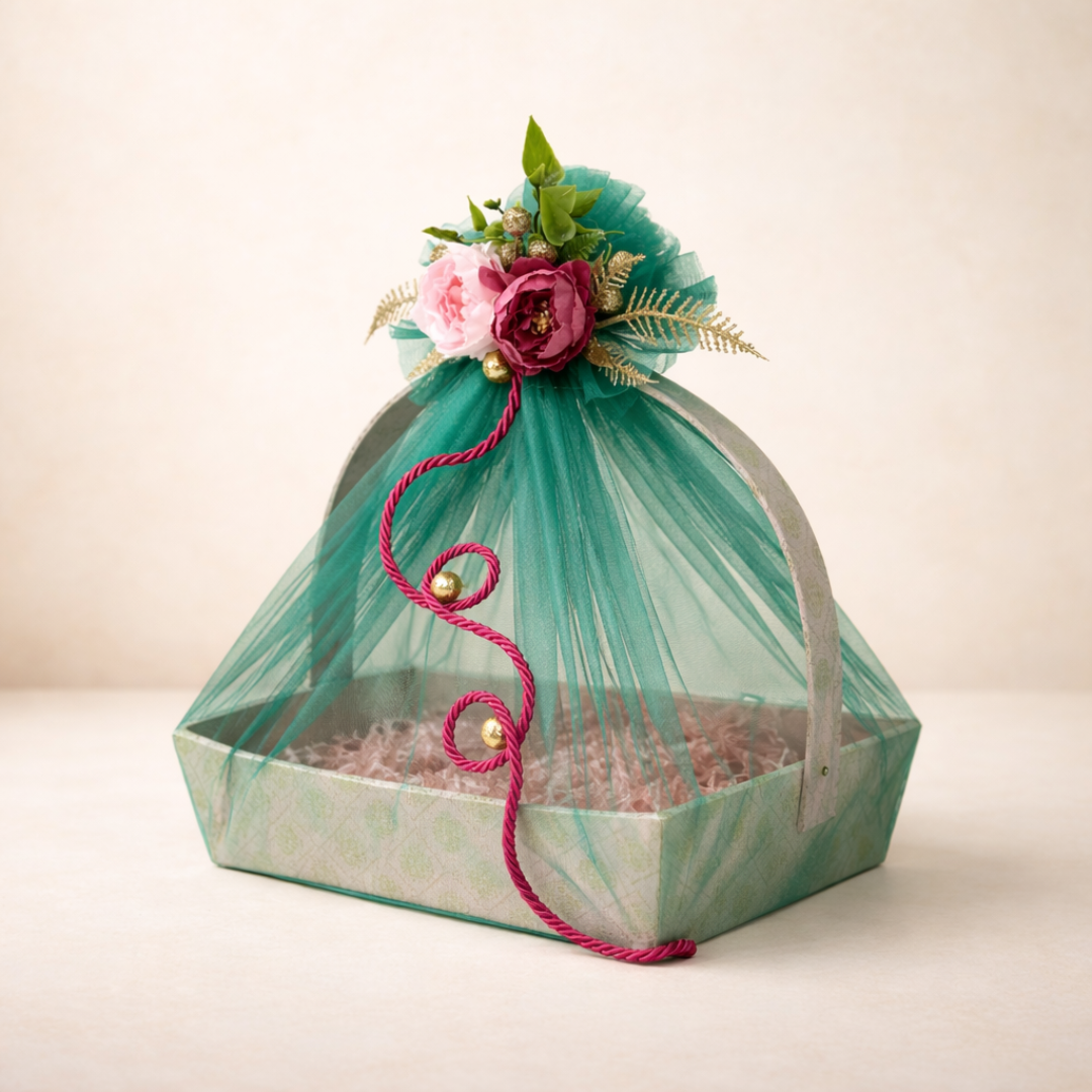 (Set of 3)Premium Mint Green Net Gift Basket with Floral Decor & Handle – 11 x 15 Inches