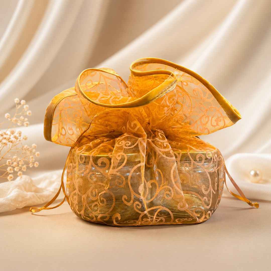 Orange Organza Potli Gift Bag Pack of 5 with Golden Base