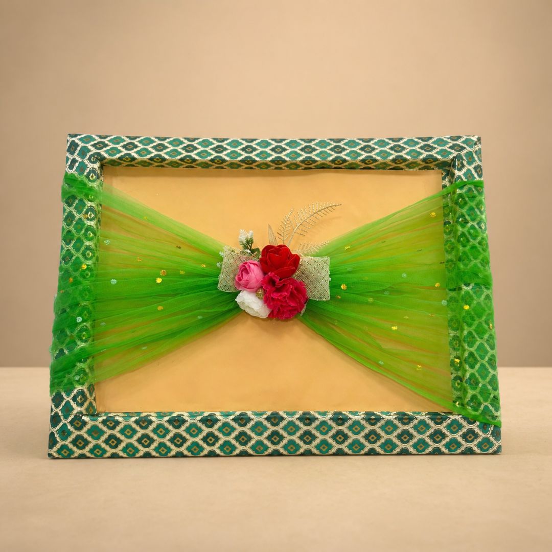 (Set of 3)Premium Green Net Decorative Gift Tray – Floral Center Design | 21 x 16 Inches