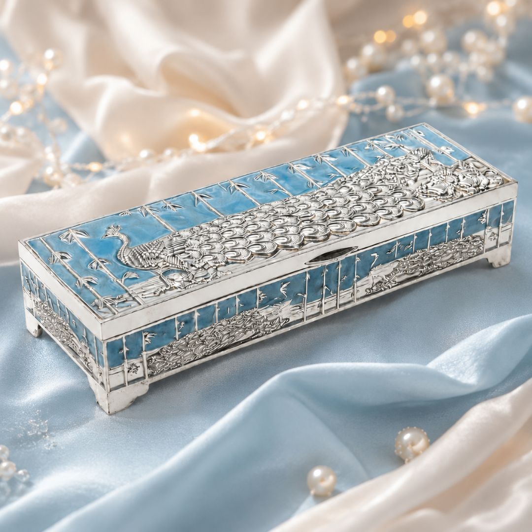 Premium German Silver Peacock Dry Fruit Box with Blue Enamel Finish (9 x 3.5 x 2 Inch)