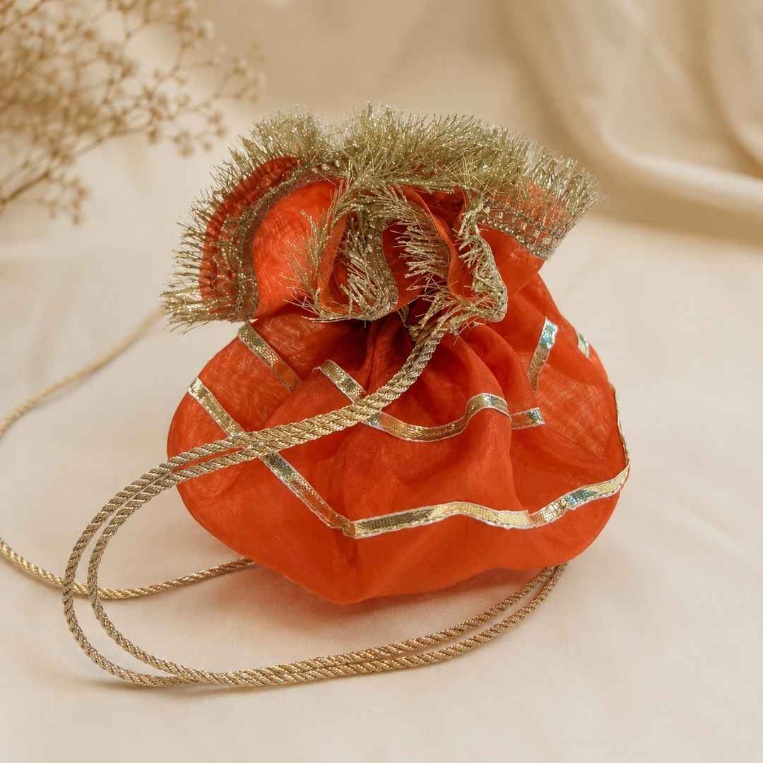Pack of 5-Orange Gold Lace Drawstring Potli Bag