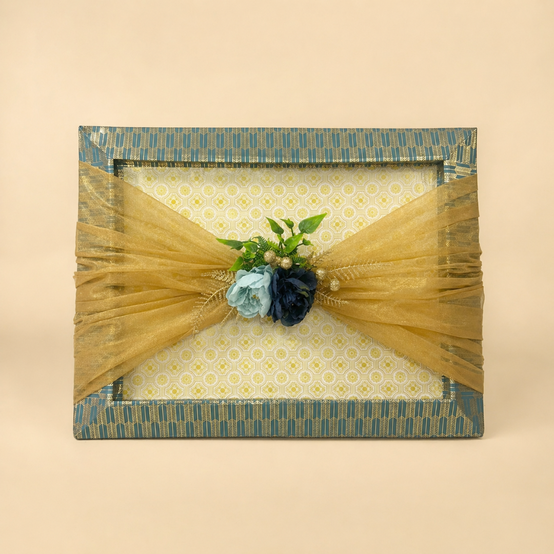 (Set of 3)Premium Blue & Gold Ready-to-Use Gift Tray  (18 & 14 Inch) – Decorative Wedding & Hamper Tray