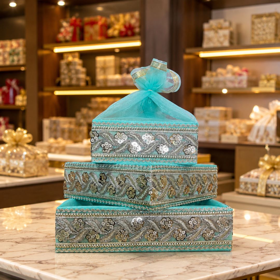 Set of 3-Turquoise Silver Embroidered Wedding Hamper Basket  Set