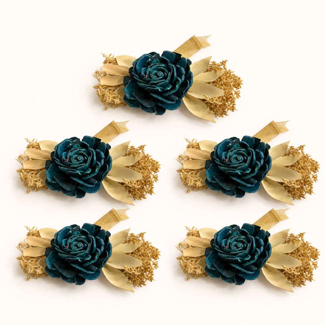 Set of 5 Teal Rose Decorative Accessories with Golden Leaves for Hamper & Trousseau Packing