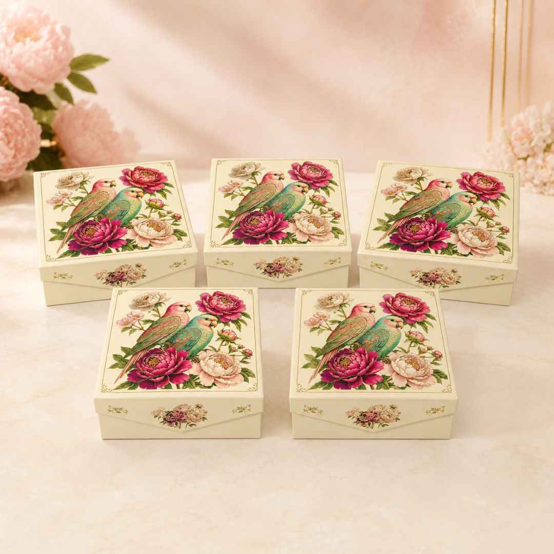 Pack of 5 Parrot Floral Printed Square Gift Box – Premium Hamper Packaging Box