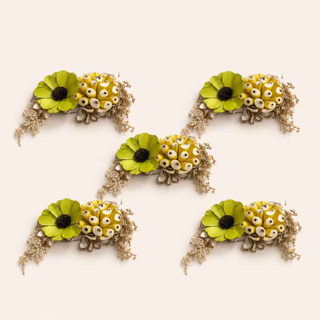 Set of 5 Green & Yellow Floral Decorative Accessories for Hamper & Trousseau Packing