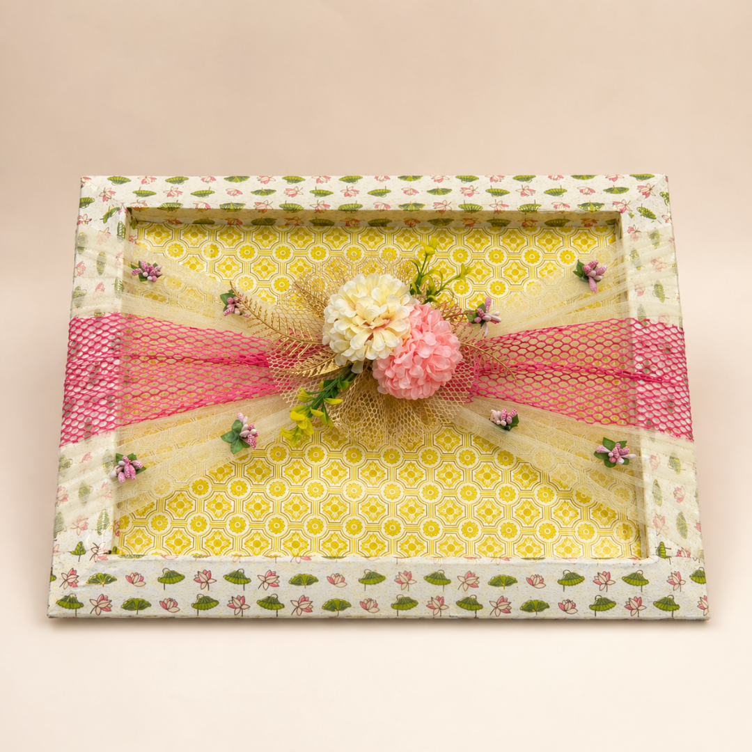 (Set of 3)Premium Floral Net Decorative Tray (18 x 14 Inch) – Yellow & Pink Wedding Hamper Tray