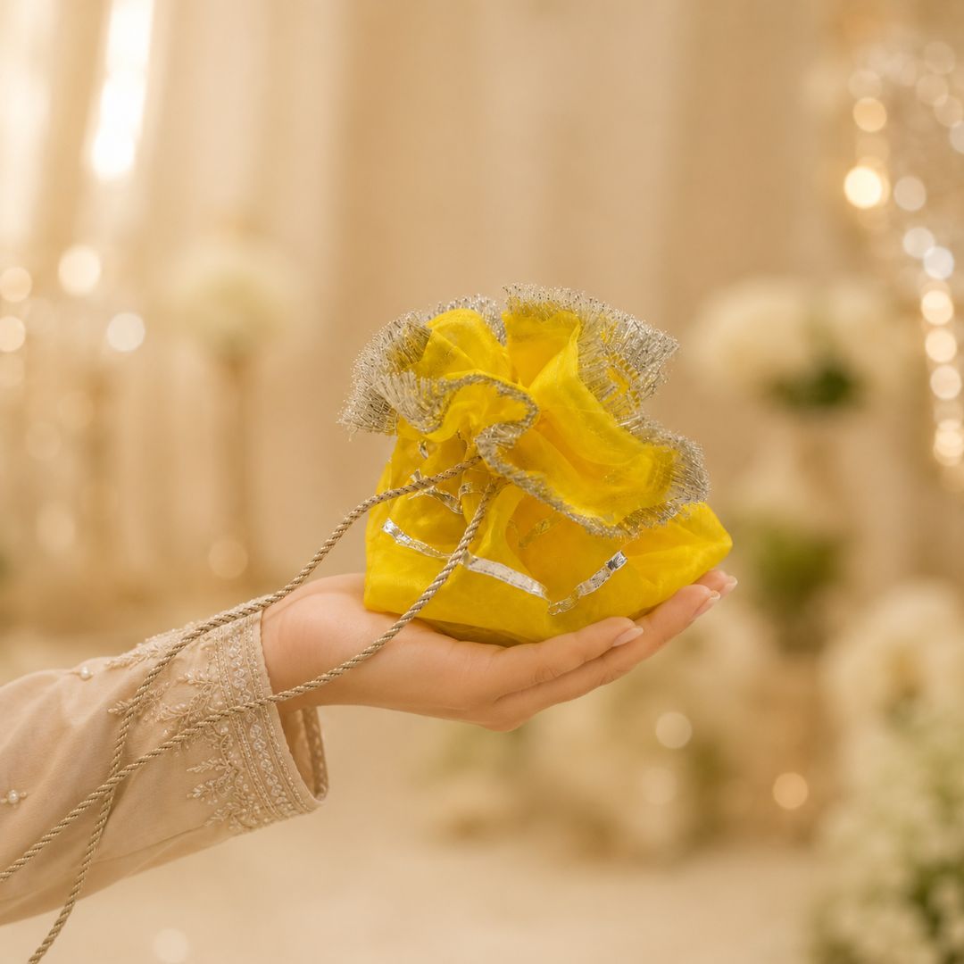 Pack of 5–  Bright Yellow Silver Lace Drawstring Potli Bag