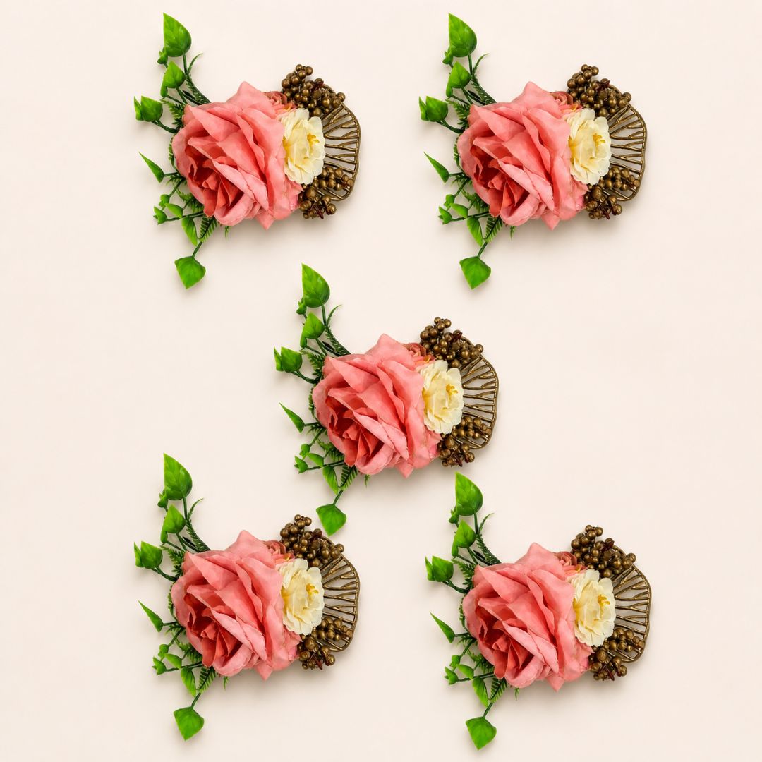 Set of 5 Peach & Gold Floral Decorative Accessories for Hamper & Trousseau Packing