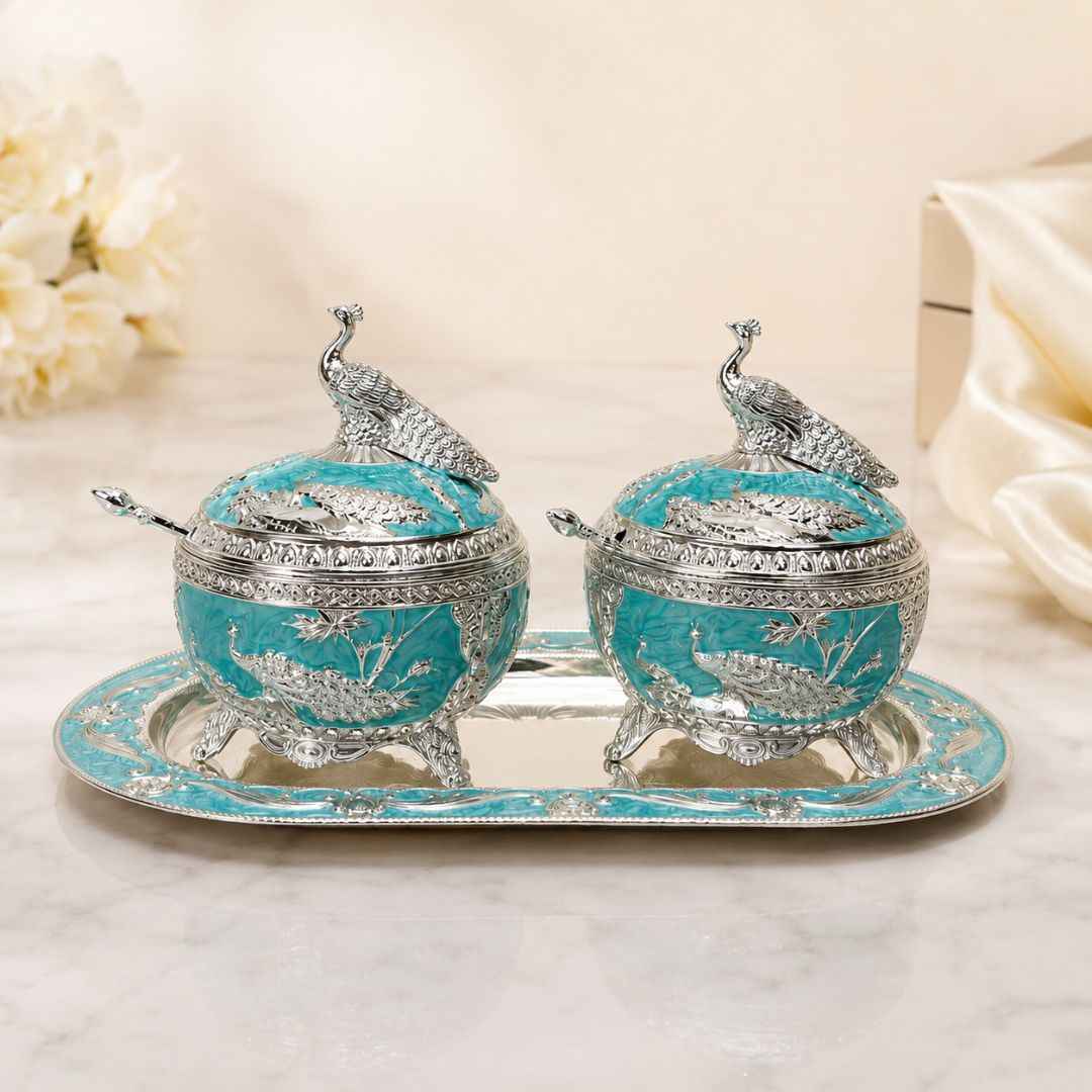 German Silver Aqua Peacock Serving Set with Spoons