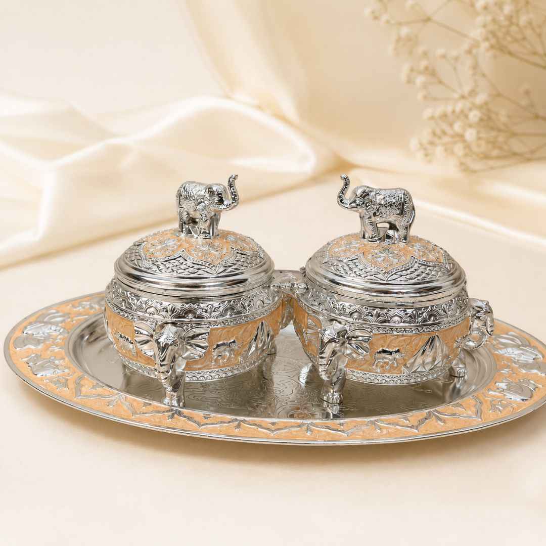 German Silver Peach Elephant Serving Set with Spoon