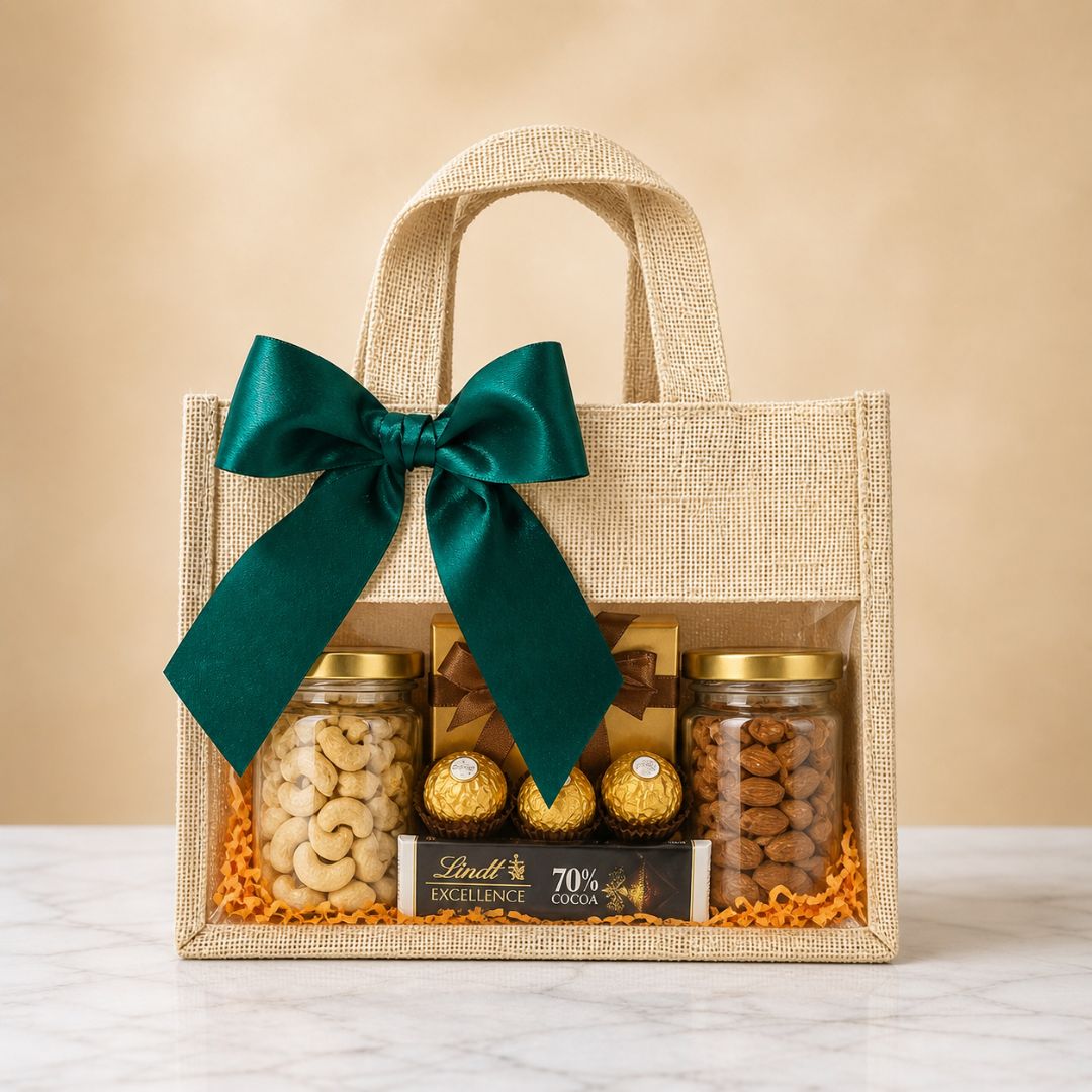 (Set of 5)Premium Jute Gift Bags with Transparent Window & Satin Bow – (12 x 12 Inch)