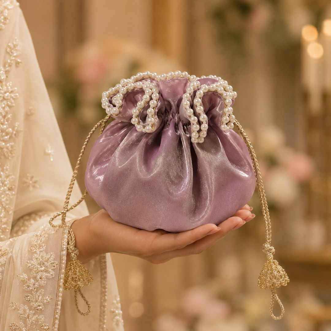 Pack of 5 -Purple Pearl Loop Drawstring Potli Bag
