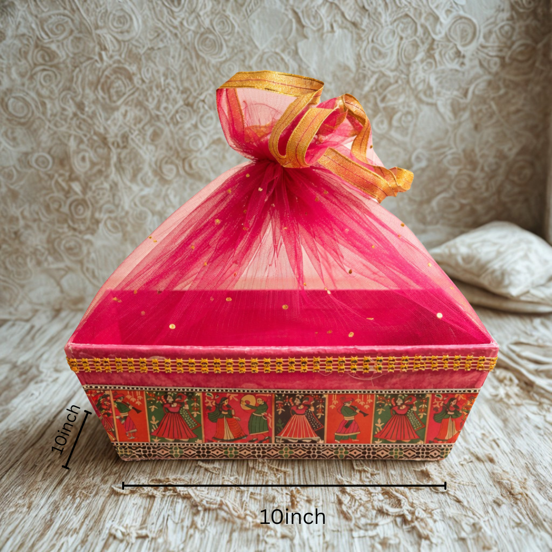 (Pack of 10)Premium Red Net Gift Tray with Folk Art Base – | Wedding Trousseau & Festive Hamper Tray
