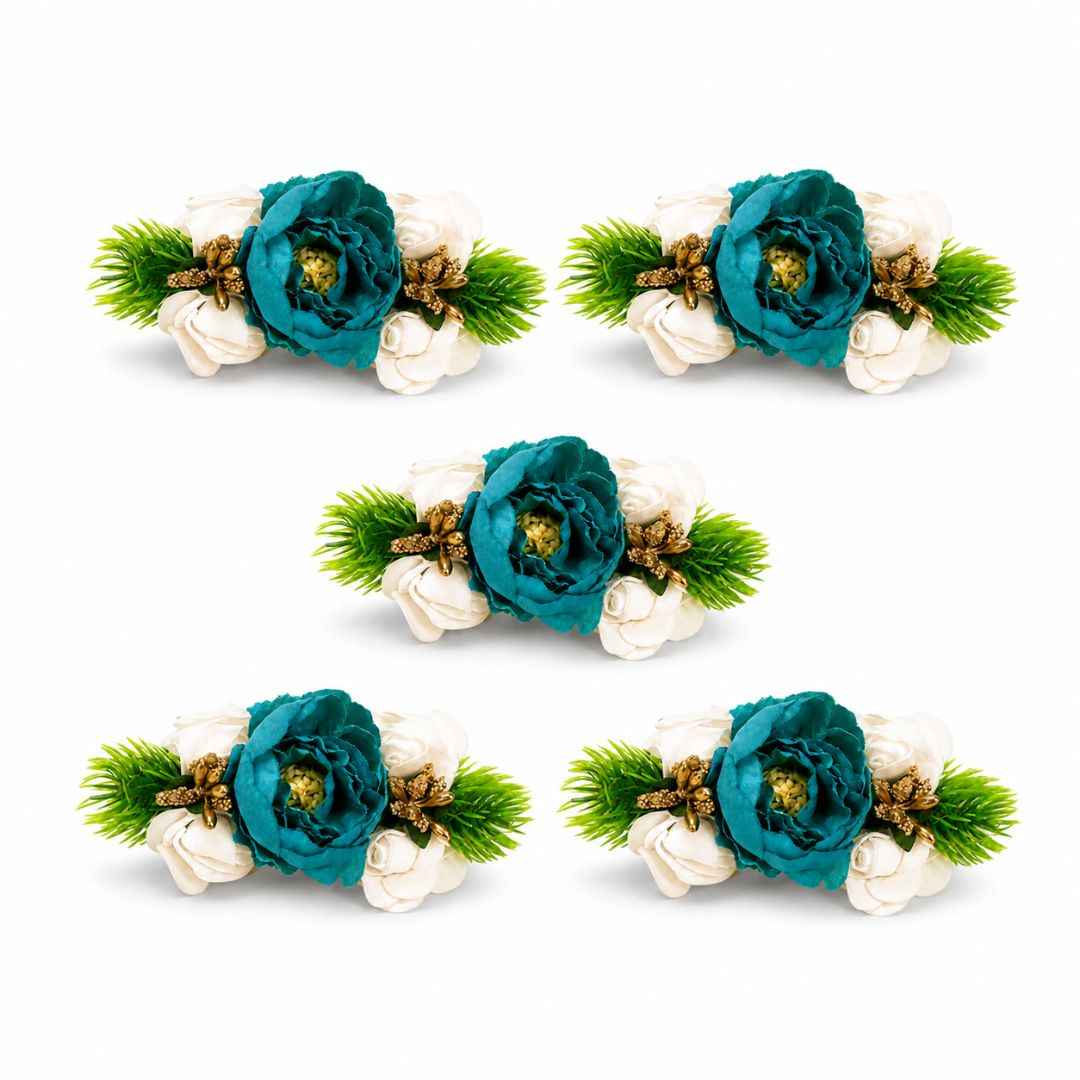 Pack of 5 Teal Blue Floral Decoration Accessories for Hamper Packing