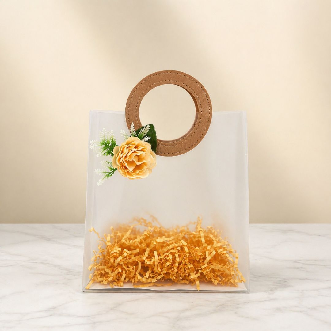 (Set of 5)Premium Frosted Gift Bag with Designer Handle & Floral Accent –(7 x 10 Inches)