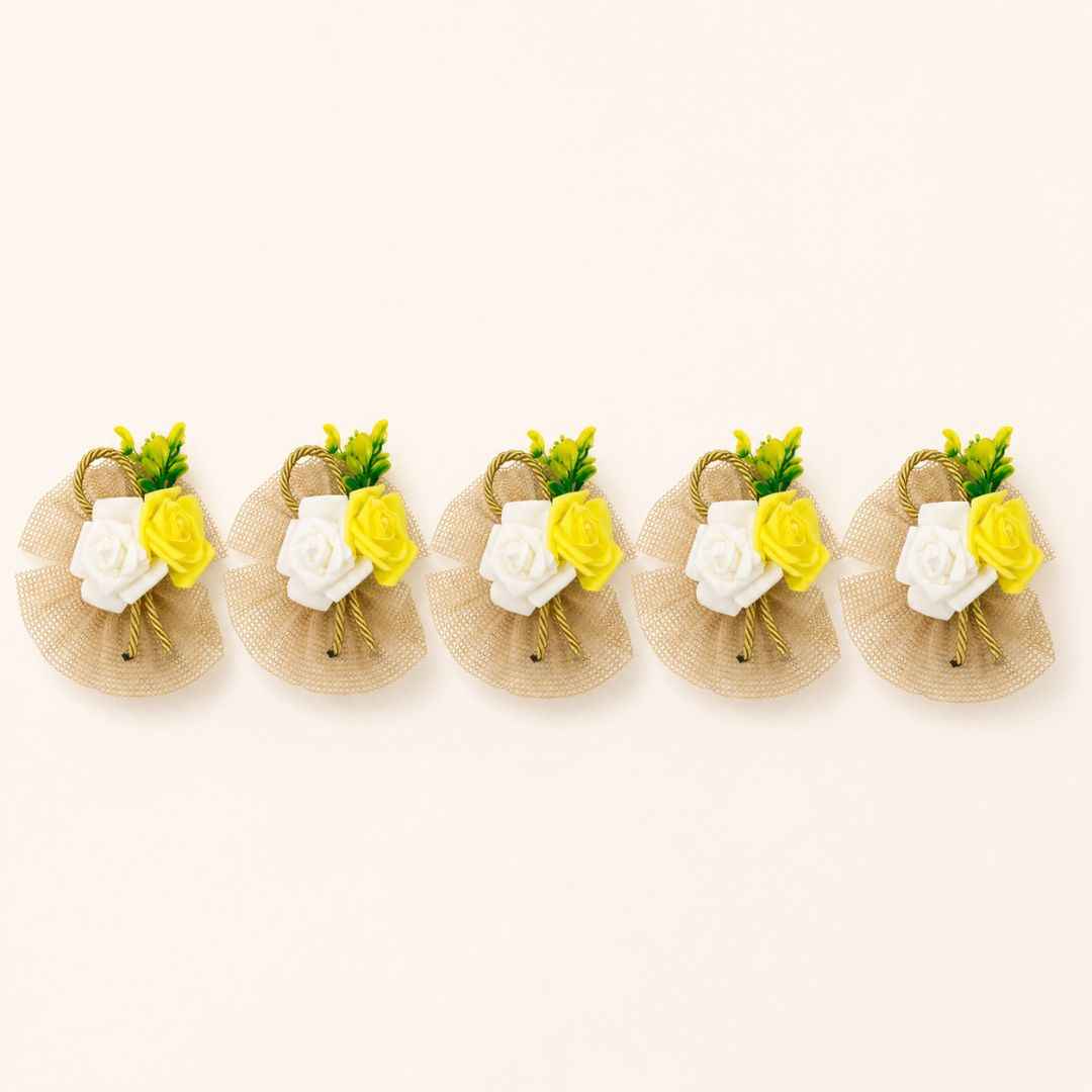 Pack of 5 Yellow & White Rose Net Decorative Accessories for Hamper Packing