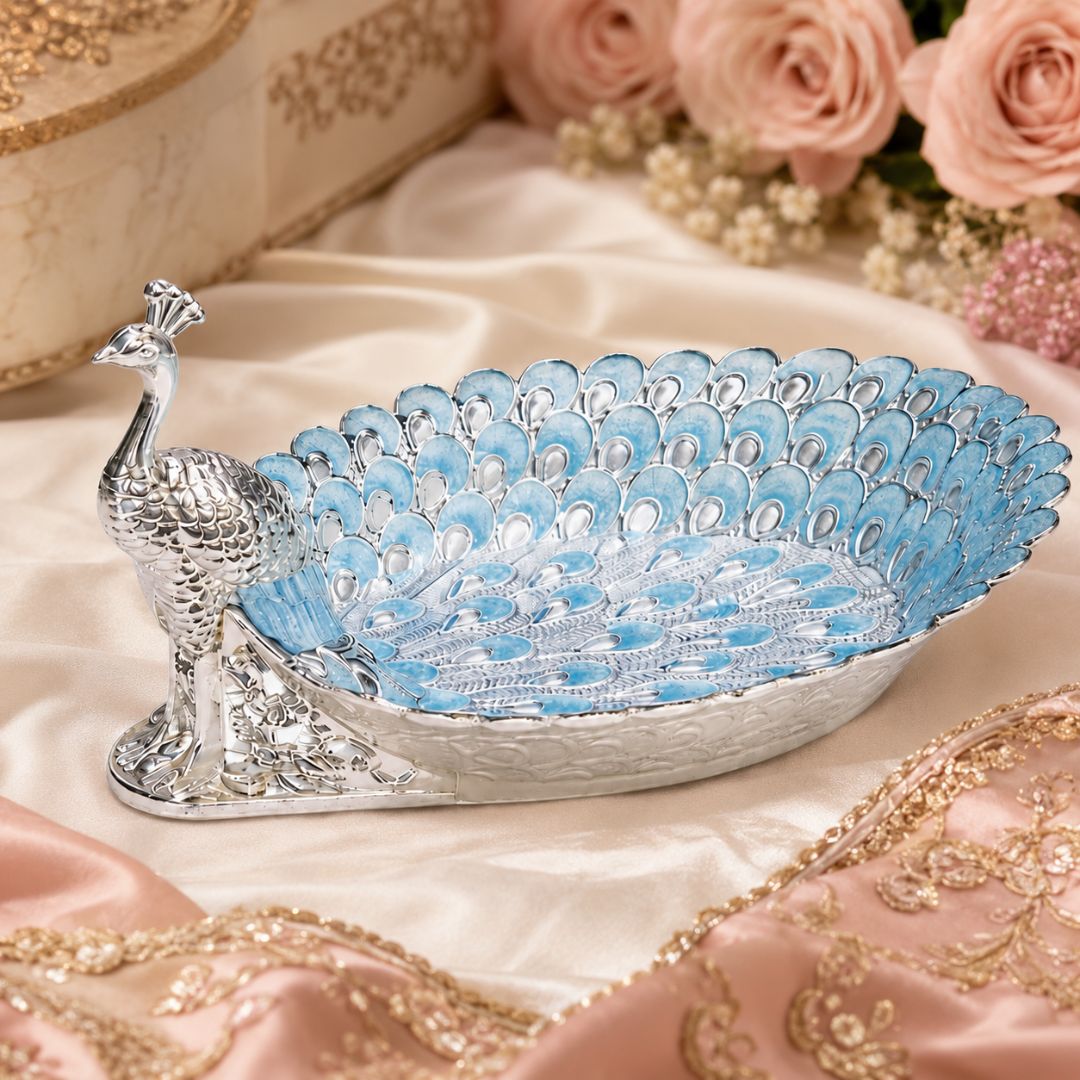 Peacock Design German Silver Dry Fruit Tray – Blue Enamel (8 Inch)