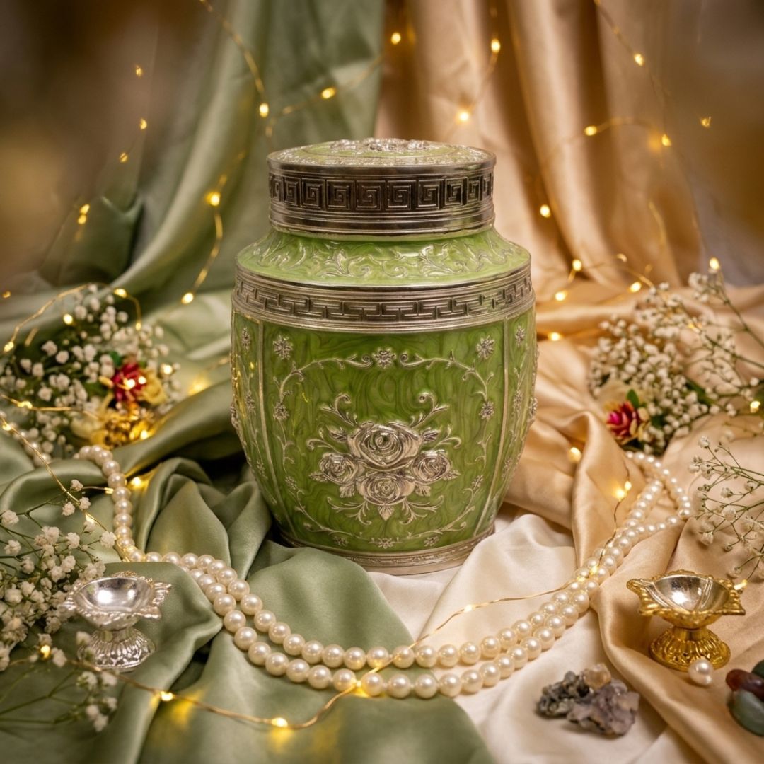 Luxury Green Floral Enamel Storage Jar with Silver Detailing – 7 Inch Decorative Dry Fruit & Sweet Container