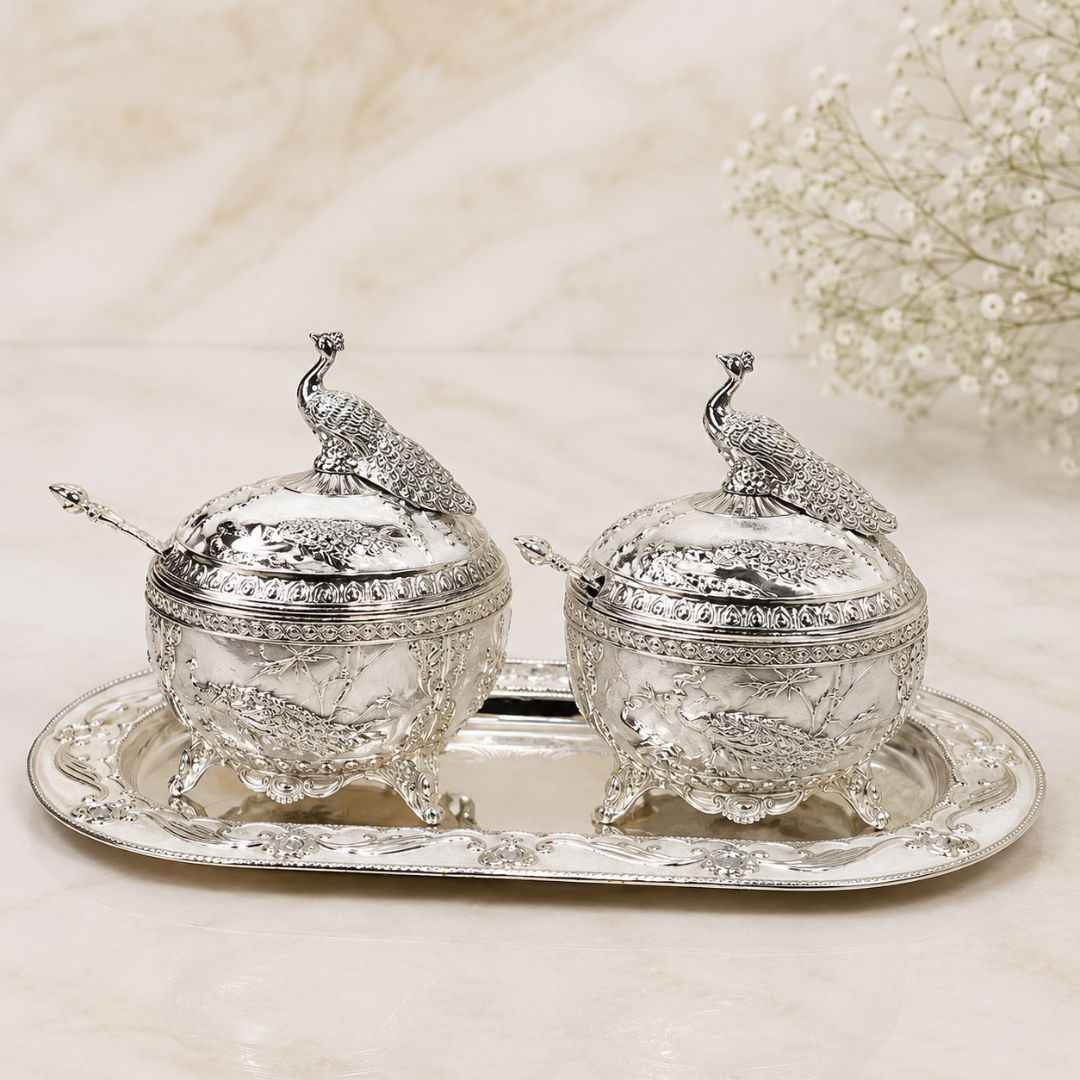 German Silver Peacock Serving Set with Spoon