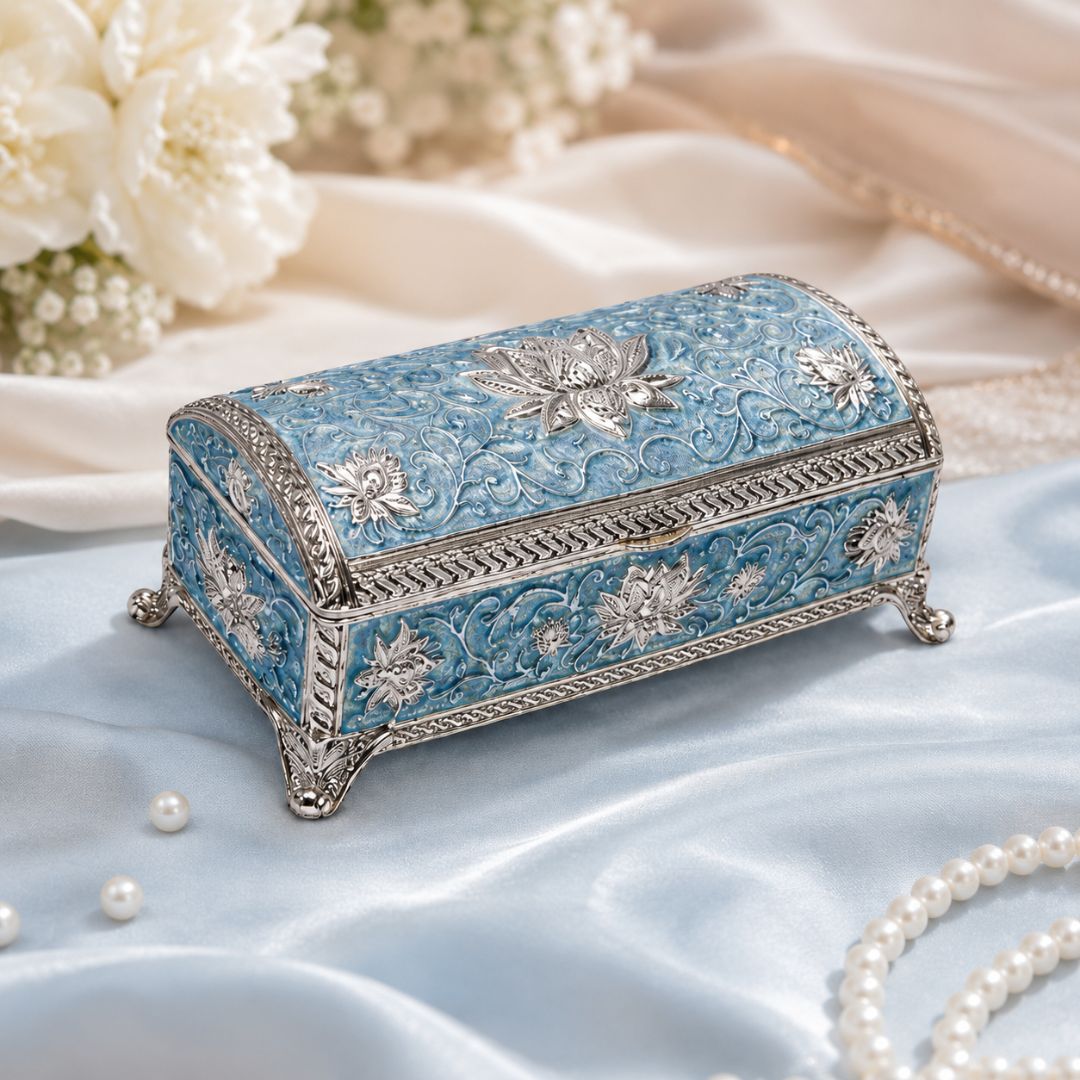 Luxury German Silver Floral Storage Box – Blue Enamel Finish (7.5 x 3.5 Inch)