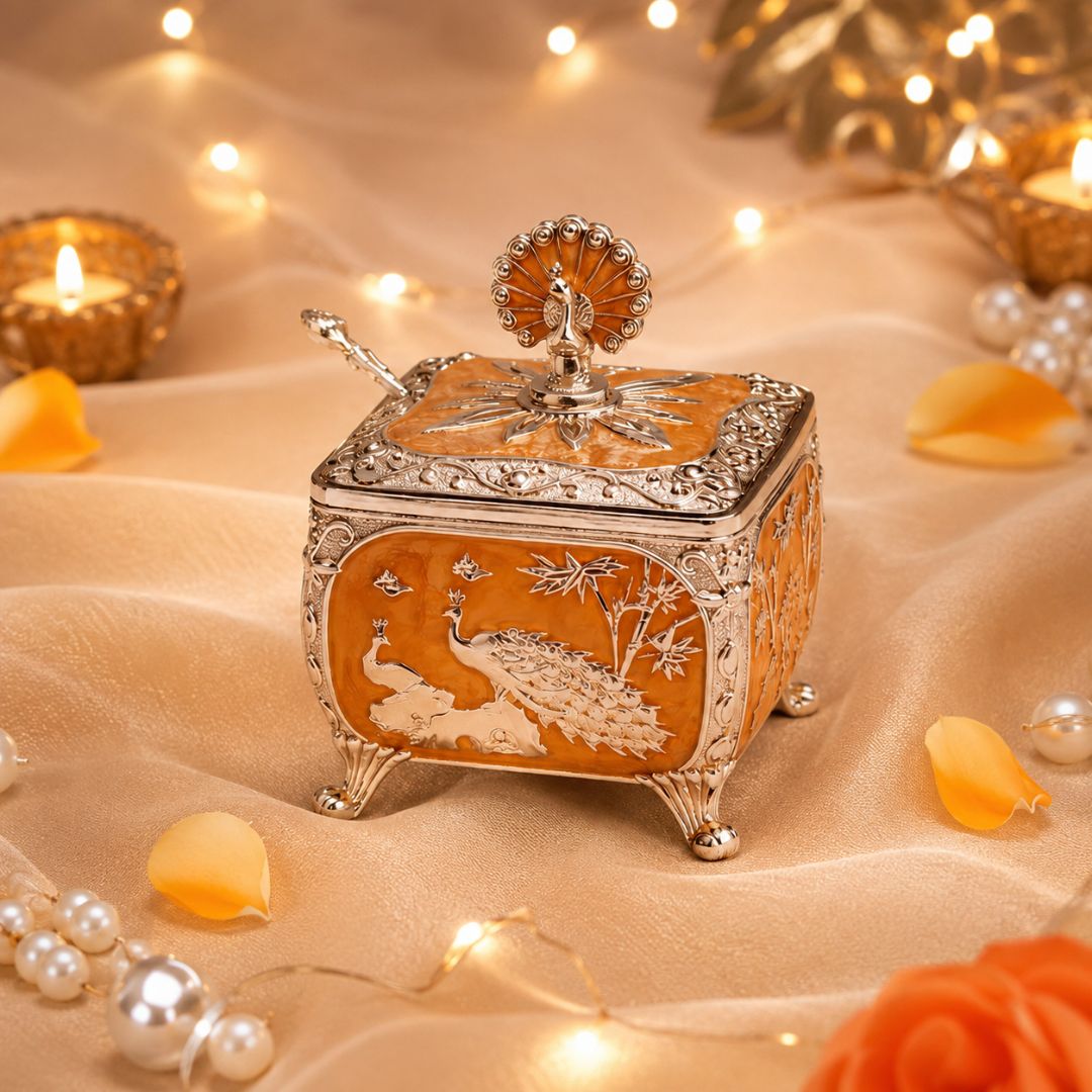 Royal Peacock German Silver Dry Fruit Box – Orange Finish (4 x 4 Inch)