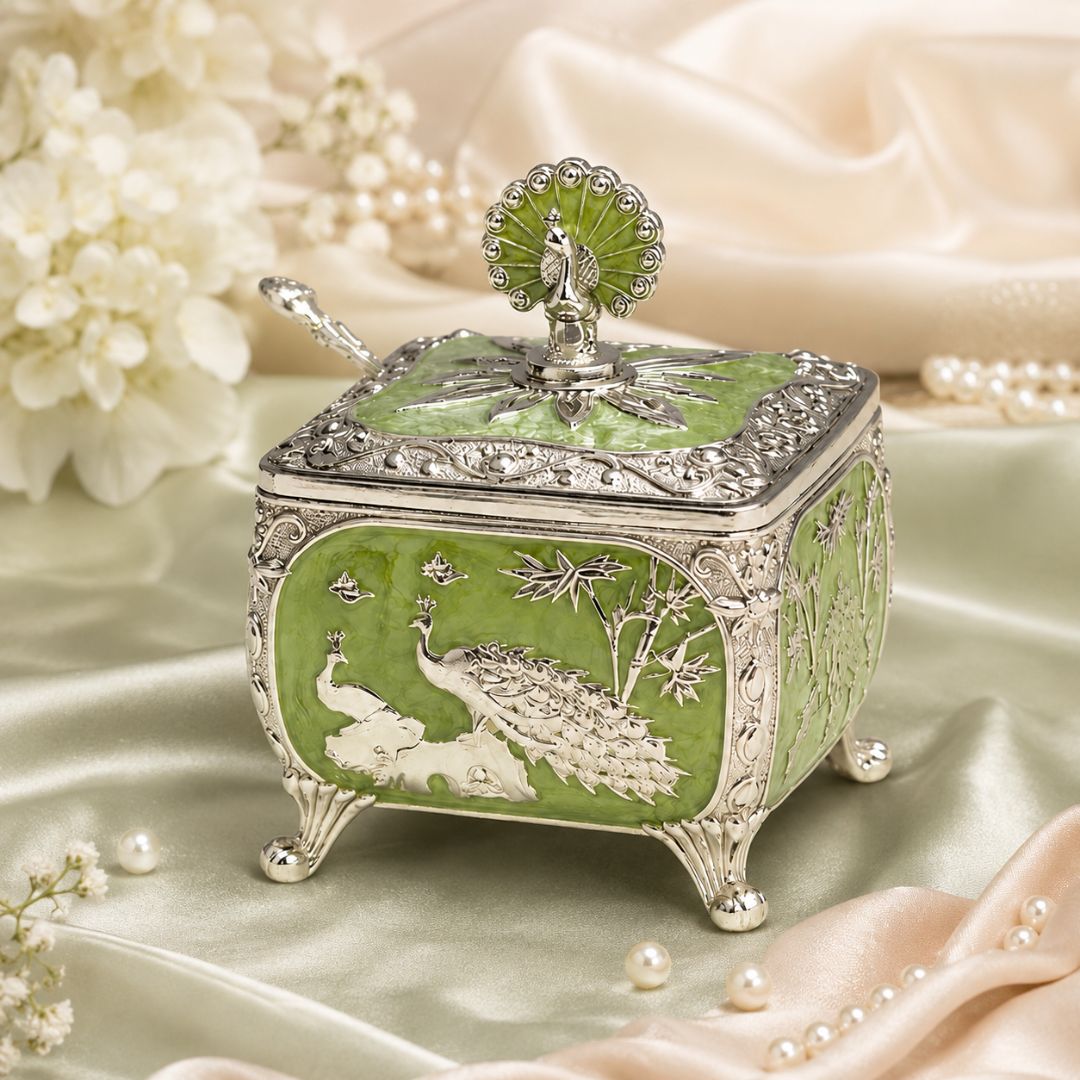 Royal Peacock German Silver Dry Fruit Box (Green) – 4 x 4 Inch with Spoon