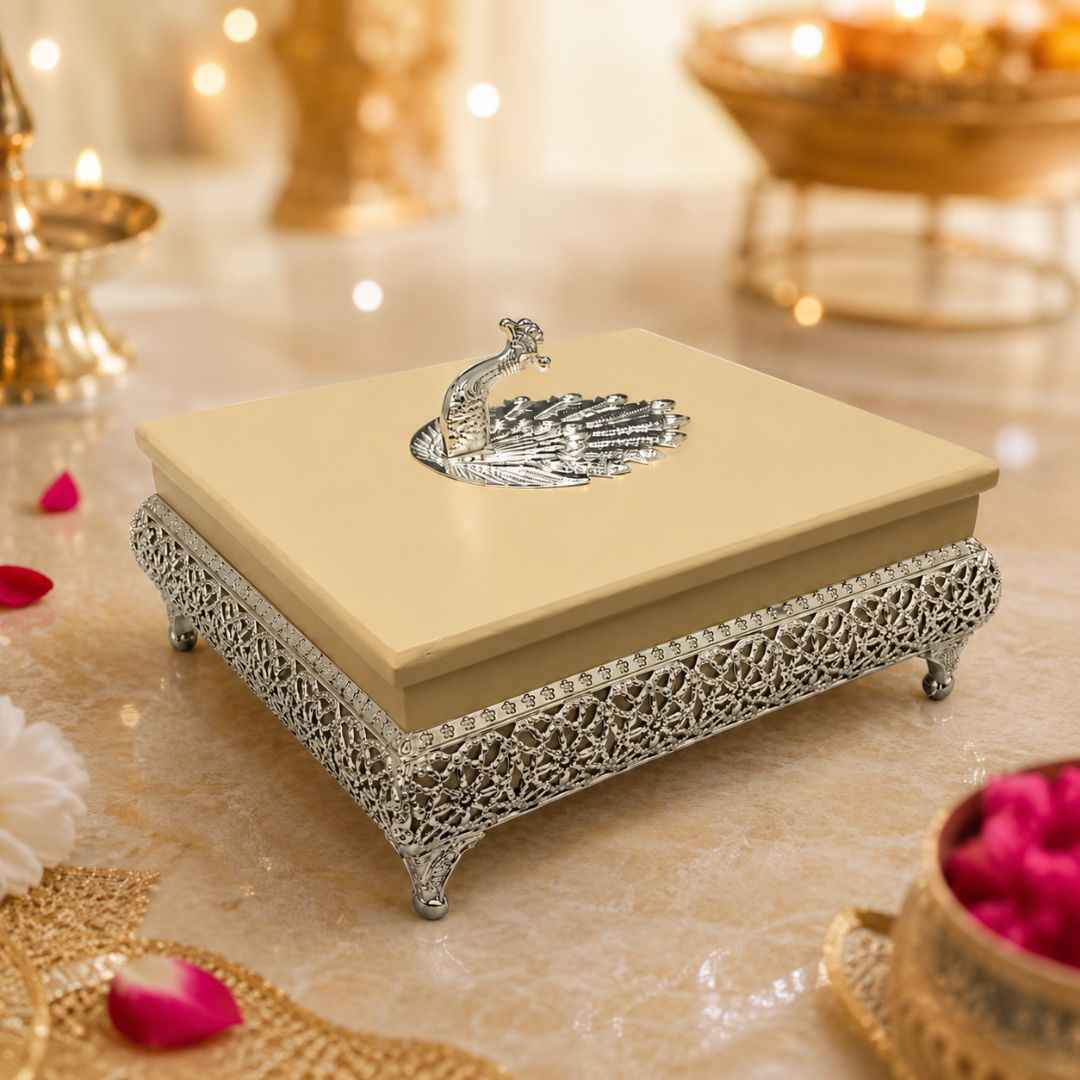Premium German Silver Peacock Design Gift Box for Festive & Wedding Gifting