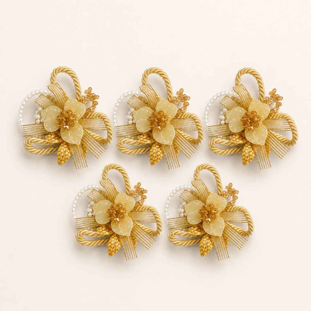 Set of 5 Golden Pearl Loop Floral Decorative Accessories for Hamper & Trousseau Packing